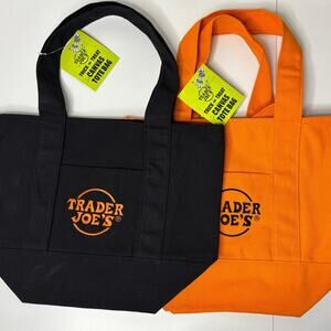 LOT 2x — Trader Joe’s Canvas MINI Tote Bag Halloween Trick or Treat Black Orange